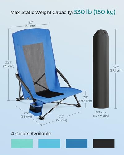 SONGMICS Set of 2 Portable Beach Chairs for Adults, Max. Load 330 lb Each, High Backrest, Cup Holder, Lightweight, Heavy-Duty, Blue UGCB067Q02V1 - color: Blue, style: 2 Pack