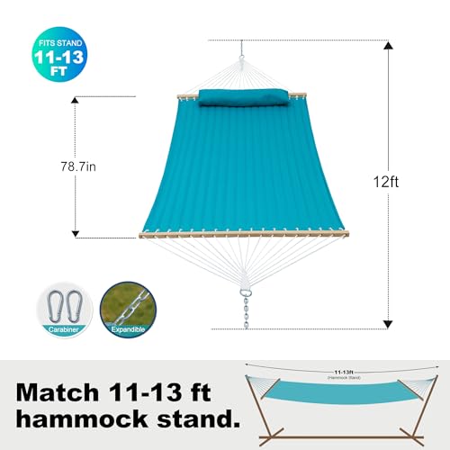 GAFETE Hammock 2 Person Quilted Fabric Hammocks for Outside, Double 12ft Hammocks with Spreader Bar, Large Removable Pillow, Storage Bag, Carabiners, Max 475 lbs Capacity (Canyon Creek Aqua) - color: Canyon Creek Aqua