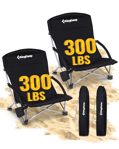 KingCamp Low Beach Chair, High Back Folding Camping Chair for Adults, Oversized Breathable Mesh Seat, 300lbs Heavy Duty Portable Chair with Cup Holder & Storage Pockets for Beach, Outdoor - color: Ergosolid C Black 2pcs
