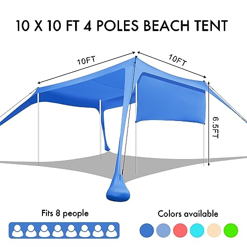 Beach Canopy Tent Shade with Sidewalls 10x10FT, 6.6FT Tall, UPF50+ Sun Shelter, Windproof & Water Resistant, Includes Guylines Sand Shovel Stability Poles, Easy Up for Beach Outdoor Camping Backyard - color: Royal Blue