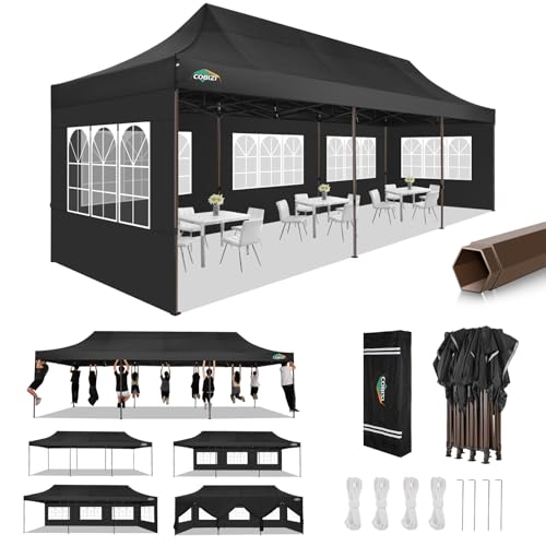 COBIZI 10x30 Pop Up Canopy Heavy Duty with 8 Removable Sidewalls, Commercial Portable Tents for Parties Ez Up Canopy All-Weather Windproof & Waterproof and UPF 80+ Wedding Tent - color: Black, size: 10x30FT