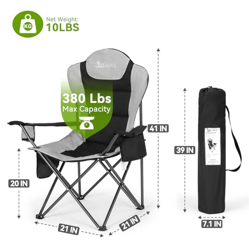 Seazul Camping Chairs for Adults, Camp Chair, Folding Chairs for Outside, Support 380 LBS, Portable Travel Lawn Outdoor Camping Chairs with Cup Holder & Cooler Bag, Sports Chairs for Baseball, Soccer - color: Black, size: 1 PC