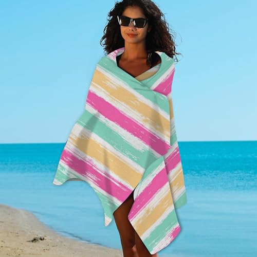 Microfiber Beach Towels,Watercolor Bohemian Yellow Green Pink Stripes Oversized Absorbent Bath Towels,Soft Quick Dry Thin Camping Towel for Adults Women Men,29.5"×59" - color: Watercolor Bohemian Yellow Green Pink Stripes