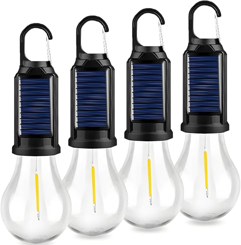 4-Pack Solar Camping Lantern, Portable LED Solar USB Rechargeable Lantern Flashlight Emergency Hanging Light Bulb for Indoor Outdoor Home Power Outages Hiking Hurricane (4)