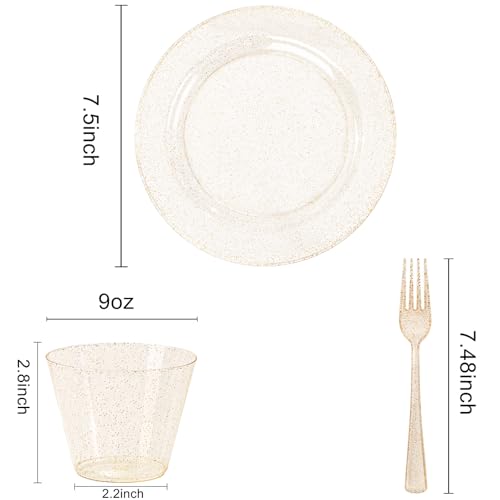 WELLIFE 150PCS Gold Plastic Plates – Gold Glitter Disposable Dinnerware Set for 50 Guests (7.5" Dessert Plates), Includes 50 Plates, 50 Cups & 50 Forks for Wedding & Birthday Party Tableware - color: Gold Glitter(150pcs), size: 50 Guests
