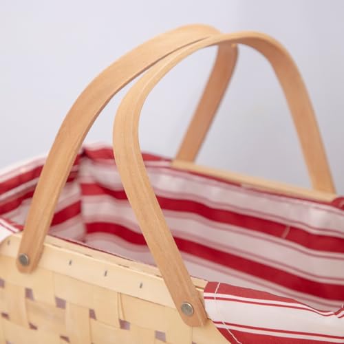 Bamboo Picnic Basket with Handle，Natural Woodchip Basket with Washable Lining for Camping（14X7.5X5.5inches） (Red) - color: Red