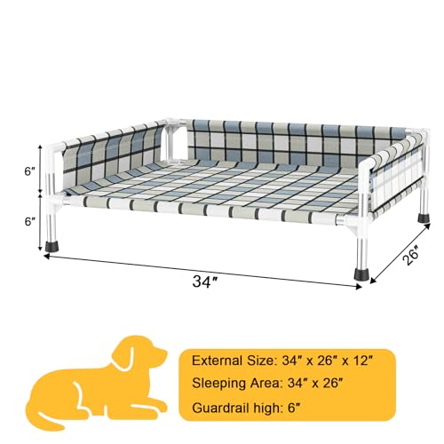 Elevated Raised Outdoor Dog Bed - Cooling Washable Dog Cot with Guardrail, Durable & Breathable Cotton Mesh Pet Hammock Beds with Stainless Steel Pipe Frame for Large Pets (34'' x 26'' x 12'') - size: 34'' x 26'' x 12''