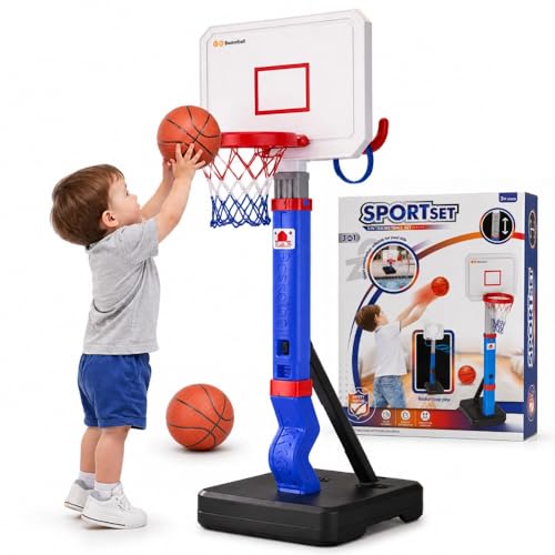 Toddler Basketball Hoop with Ring Toss Game, 2-in-1 Adjustable (2.5–5.5 Ft) Indoor & Outdoor Kids Basketball Set with Mini Balls, Rings, Pump & Stable Base Sports Toy for Boy & Girl Age 1-5