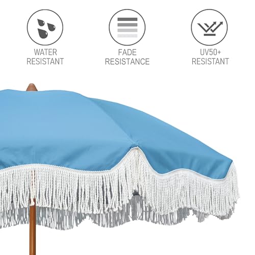 AMMSUN Boho Fringe Umbrella Outdoor Patio, 6.5ft UPF50+ Picnic Umbrella with Tassels with Steel Pole and Push Button Tilt, Blue - color: Blue