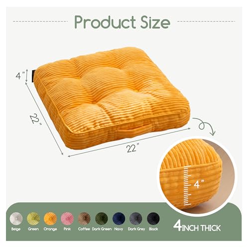 HIGOGOGO Floor Pillow Cushion for Adults, Meditation Cushion Pillow, Large Square Floor Sitting, Tufted Corduroy Cover, for Tatami Living Room or Yoga, 22x22 Inch, Orange - color: Square Orange, size: 4" Thick(Pack of 1)