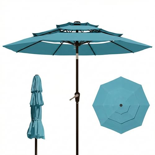 10FT Patio Umbrella 3 Tiers Outdoor Market Umbrella w/Push Button Tilt, Crank, UV and Waterproof Table Umbrella for Garden, Pool, Backyard, Deck, Lawn, Sky Blue - color: Sky Blue
