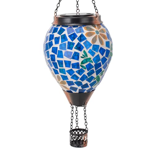 Hummingbird Solar Hot Air Balloon Lantern with Flame, Blue Hanging Mosaic Solar Lantern Outdoor Waterproof, Outdoor Solar Lights for Yard Gardening Gift for Mom Grandma Women - color: Mosaic Hummingbird