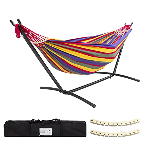 SZHLUX Double Hammock with Stand Included 450lb Capacity Steel Stand, Premium Carry Bag Included.Indoor Outdoor Brazilian-Style Cotton Bed for Backyard, Camping,Garden - color: Rainbow