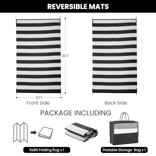 Outdoor Rug Waterproof 5 x 8 ft, Reversible Plastic Straw Rug for Patio, Large Outdoor Carpet for RV, Patio, Camping, Backyard, Deck, Picnic, Beach, Black & White - color: Black/White, size: 5'x8'