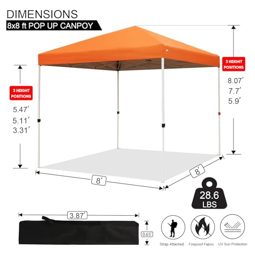 Northroad 8X8 FT Pop Up Canopy, Outdoor Instant Canopy Tent w/Carrying Bag, Portable Gazebo Shelter for Wedding Party,Commercial Event,Patio,Garden,Beach -Orange - color: Orange, size: 8x8