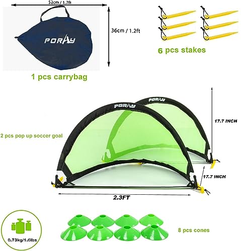 Poray Soccer Goal for Kid Easy-up Set of Two Portable Soccer Net 210D Oxford with 8 Field Marker Cones Extra Stakes Fun for Backyard and Soccer Training - color: Green, size: 2.4ft