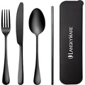 Portable Utensils Set with Case,Reusable Office Flatware Set,Healthy Travel Cutlery Set 4 PCs Stainless Steel Knife Fork Spoon Straw Cutlery Ideal for Travel, Lunch Box and Camping (Black-4 PCs) - color: Black - 4 PCs