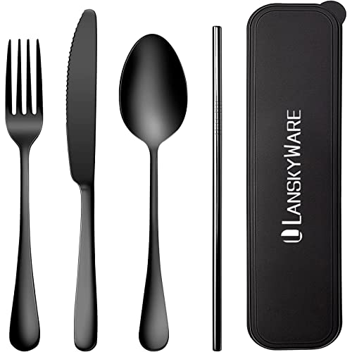 Portable Utensils Set with Case,Reusable Office Flatware Set,Healthy Travel Cutlery Set 4 PCs Stainless Steel Knife Fork Spoon Straw Cutlery Ideal for Travel, Lunch Box and Camping (Black-4 PCs) - color: Black - 4 PCs