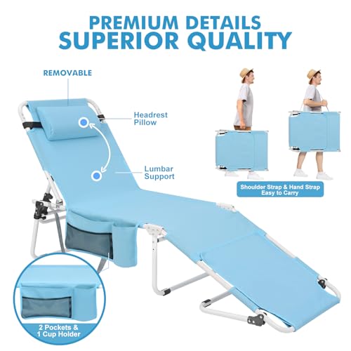 Tanning Chair with Sun Canopy Face Hole Softer Padded Adjustable Washable, Heavy Duty Layout Folding Lounge Chair for Adults Outside Beach Reading Sunbathing Poolside Lawn, UPF 50+ Sun Shade, 300 LBS - color: Blue, size: Standard Size