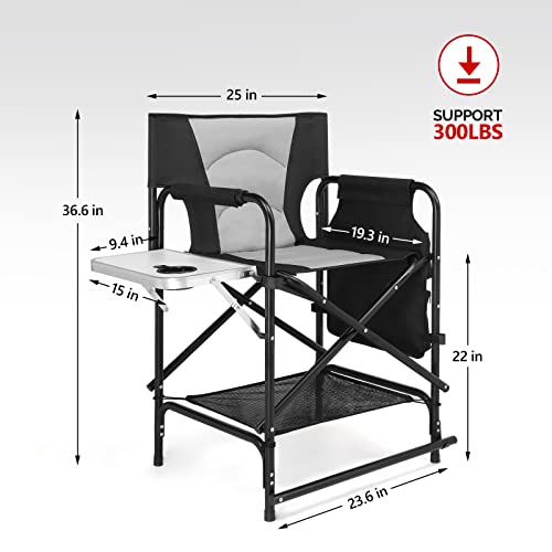 mefeir Professional Makeup Artist Director Chair 22" Standard Height, Portable Folding Design with Side Table & Storage Bag, Heavy-Duty Iron Frame (300 lbs Capacity) - color: Black/Gray, size: 22in