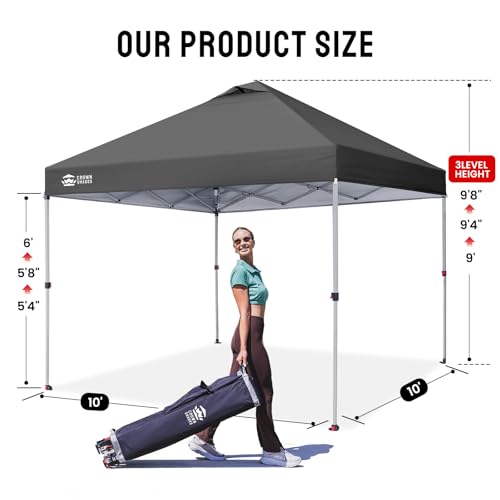 CROWN SHADES 10x10 Pop Up Canopy - Beach Tent with One Push Setup - Easy Outdoor Sun Shade Shelter for Events, Parties - Gazebo with STO-N-Go Cover Bag, Silver Coated Top, Grid Grey - color: Grid Grey, size: 10x10