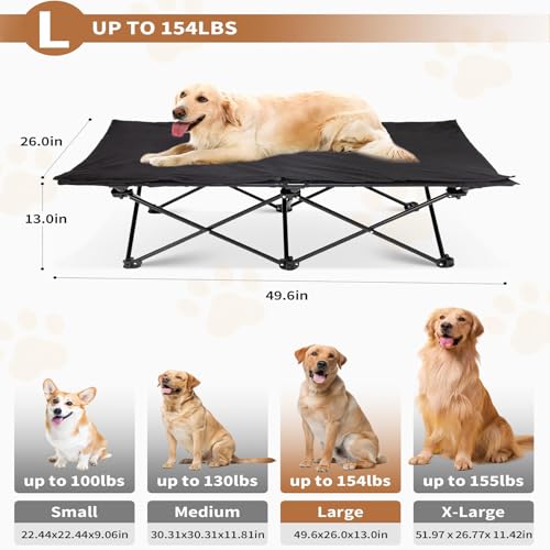 KingCamp Elevated Dog Bed for Large Dogs, Outdoor Raised Cooling Pet Cot Bed with Washable Breathable Mesh & No-Slip Feet Perfect for Camping, Backyard, Indoor Use (Large, Black) - size: 49.6"L x 26"W x 13"Th