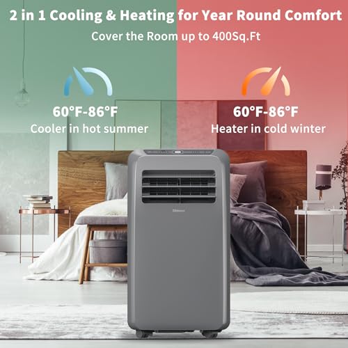 Shinco 10,000 BTU Grey Portable Air Conditioner with Heater up to 400 Sq. Ft, Ac Heater Combo Window Unit, Portable AC Unit with Dehumidifier & Fan, Cools & Heats,Remote Control and Window Kit - color: SPF2-Grey+Heater, size: 10000 BTU