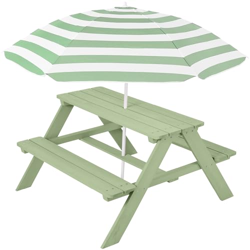Best Choice Products Wooden Kids Picnic Table with Umbrella, Outdoor Activity Table Set with Built-in Benches, 220 lb Capacity per Bench - Sage - color: Sage