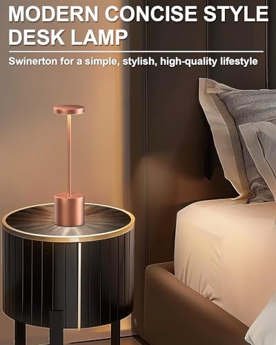 Swinerton Cordless Table Lamps Rechargeable, Portable LED Desk Lamp, 5000mAh Battery Powered Wireless Table Light - 3 Color Dimmable Lighting for Restaurant Dining Patio Outdoor Bedroom(Rose Gold) - color: Rose Gold