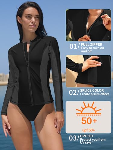 ATTRACO Women's Rashguard Swimsuit Zip Front Sun Protection Swim Shirt UPF 50+ - color: Black Splice, size: XX-Large
