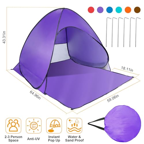 Pop Up Beach Tent, Anti UV Automatic Sun Shelter Umbrella, Portable Sun Shade Shelter for 2-3 People, Outdoor Instant Pop Up Beach Shade Tent with Carrying Bag
