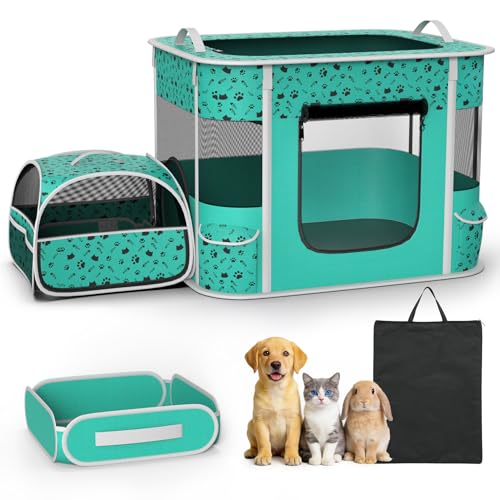 Cat Playpen - Portable Dog Playpen with Litter Box, Foldable Soft Dog Crate for Indoor/Outdoor, Pop Up Cat Enclosure, Collapsible Puppy Kitten Rabbit Cage Tent，2-Room