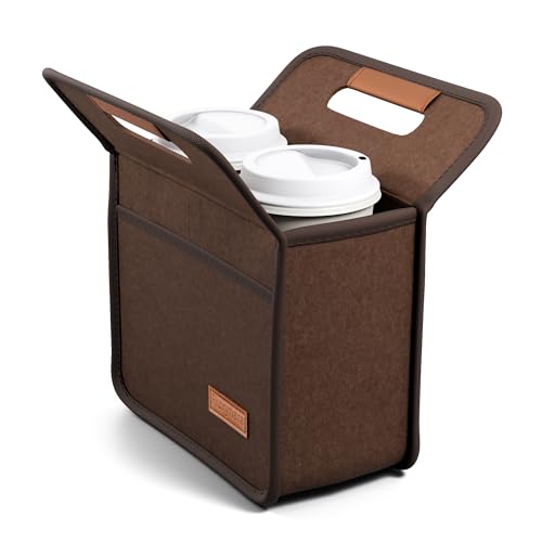 Fluxynara 2-Cup Reusable Felt Drink Carrier with Handle and Adjustable Shoulder Strap, Drink Holder for Car, Multi-Cup Drink Carrier Bag for Delivery, Travel, Picnics (Coffee Brown) - color: Coffee Brown, size: 2 Cups