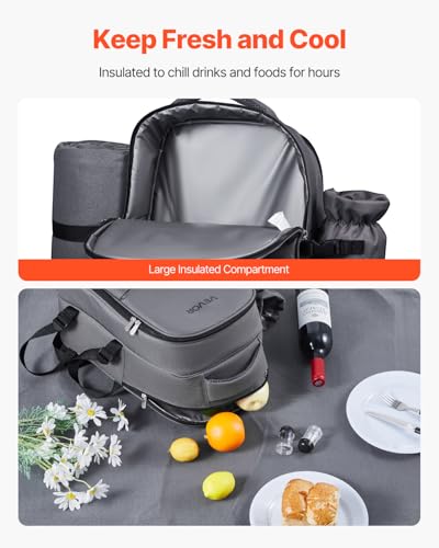 VEVOR Picnic Backpack, Beach Picnic Backpack Bag for 2 Person with Insulated Cooler Compartment, Detachable Bottle/Wine Holder, Lightweight Blanket, Plates and Cutlery Set for Hiking, Camping, Grey - size: single layer for 2 & gray
