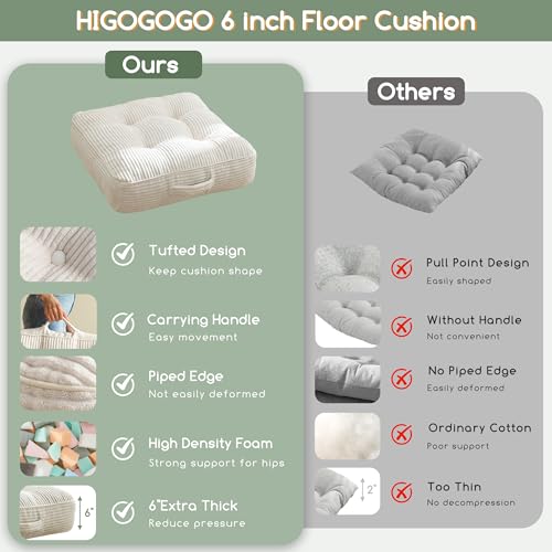 HIGOGOGO 6" Extra Thick Floor Pillow Cushion for Adults, Meditation Cushion Pillow, Large Square Floor Sitting, Tufted Corduroy Cover, for Tatami Living Room or Yoga, 22x22 Inch, Beige - color: Square Beige, size: 6" Thick(Pack of 1)