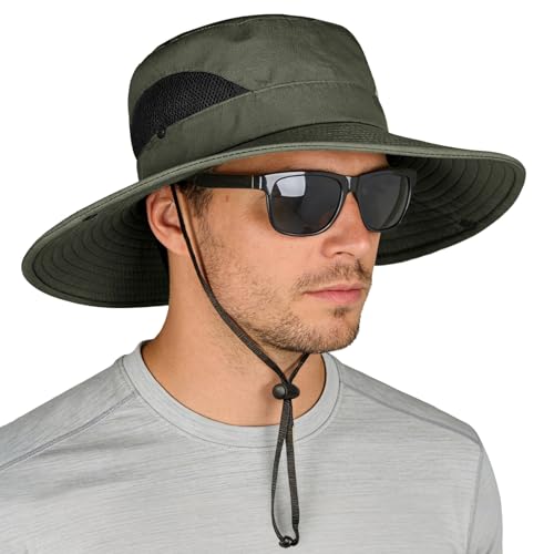 ZOORON Sun Hats for Men Women, Wide Brim Safari Hats UV Protection UPF50+ Waterproof Boonie Hats for Fishing Hiking Camping - color: 1pack-army Green
