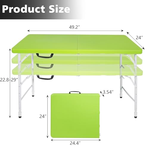 Portable 4Ft Folding Table, Heavy Duty Plastic Fold-in-Half Utility Foldable Table Small, Adjustable Height Plastic Folding Table with Carrying Handle for Camping & Party Indoor/Outdoor(Green) - color: Green, size: 4Ft