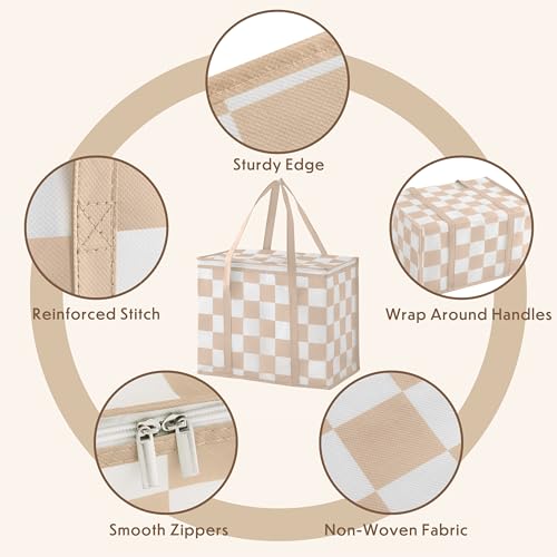 Ohocut Checkered Insulated Grocery Bags 2 Pack, Checkerboard Cooler Shopping Bags for Groceries, Insulated Bags for Food Delivery - color: Beige