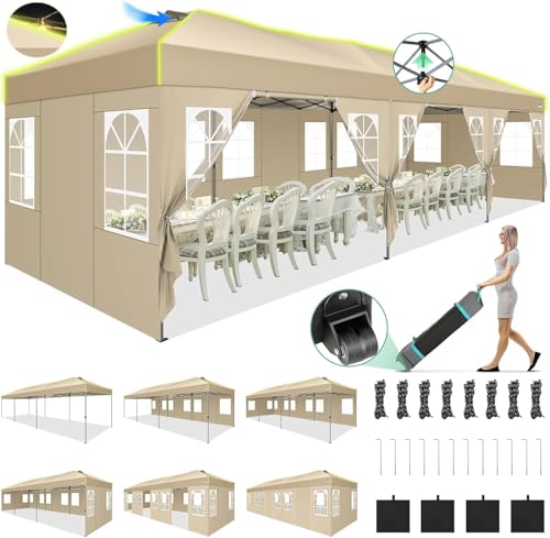 COBIZI 10x30 Pop Up Canopy Tent, Wedding Party Tent with 8 Sidewall One Push Setup Glow, 3 Adjustable Height Air Vent Waterproof UPF50+, Wheeled Bag, 4 Sandbag, 8 Stake, Ropes for Commercial, Outdoor - color: Khaki, size: 10x30 with 8 Sidewalls