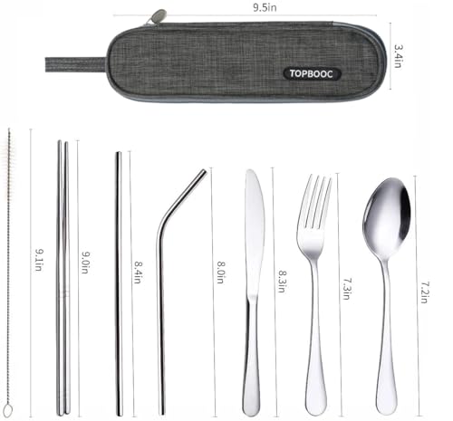 Travel Stainless Steel Utensils Set with Case – 8-Piece Reusable Flatware Kit Includes Fork, Knife, Spoon, Chopsticks, Straws, Brush & Bag – Portable Cutlery for Camping, Work, Picnic (Silver) - color: Silver