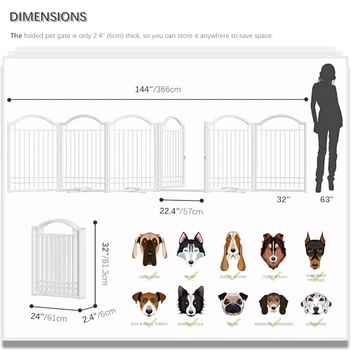 4NM Metal No Drilling Expandable Dog Gate, Extra Wide 144", Extra Tall 32" Free Standing Pet Gate with Door, Gates for Dogs Outdoor or Indoor, with 4PCS Support - White - color: White, size: 【32"h】6-panel With Door