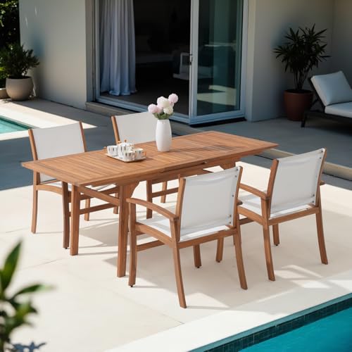 OC Orange-Casual Patio Furniture Set, Acacia Wood Patio Dining Set for 6-8, Outdoor Expandable Table and Chairs Set with Umbrella Hole and Breathable Textilene Fabric for Garden (White, 5 Pieces) - color: White, size: 5 Pieces