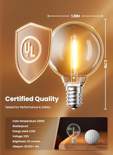 Brightown 25 Pack G40 LED Replacement Bulbs, E12 Base, 2200K Warm White, Shatterproof Waterproof Dimmable 1.5 Inch Globe Bulbs for Indoor & Outdoor Patio Backyard Home Lighting - color: Clear-led, size: 25 Pack