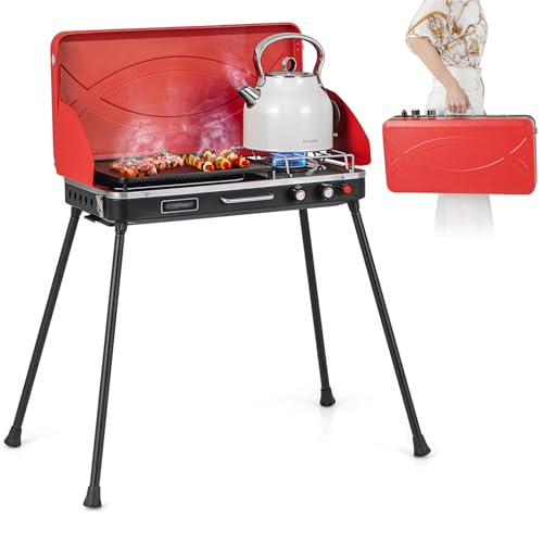 HAPPYGRILL Portable Camping Stove, 2-Burner Propane Grill Cooker with Removable Leg Stand, Roast Grill, Dual Control Knobs, Wind Guards, Outdoor Gas Grill for Camping BBQ Picnic, Red - color: Red