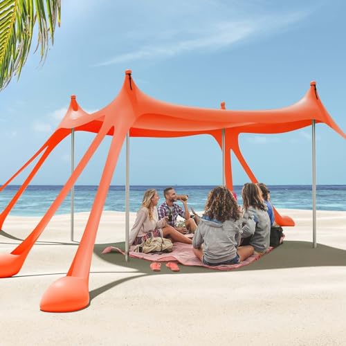 Gardentime Beach Tent Canopy with 8 Sandbags 4 Aluminum Poles, Pop Up Portable Camping Sun Shelter, Easy Set Up with 2 Sand Shovel, Ground Pegs, Carrying Bag for Outdoor Beach,Picnic, Fishing - color: Orange