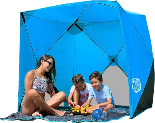 Beach Cube Pop Up Beach Tent Portable Shade Sun Shelter UPF50+ UV Protection for 4 Person Expandable Floor for Beach Fishing Hiking Camping – Beach Blue Color New - color: BeachCube-Blue NEW
