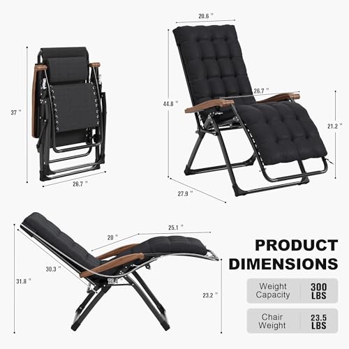 PURPLE LEAF Outdoor Reclining Chair Set of 2 Patio Zero Gravity Chaise Lounge Folding Chair with Removable Cushion Adjustable Headrest for Lawn Camping Beach Pool Black - color: Black - 2 Chairs, size: Standard – Thick Cushion