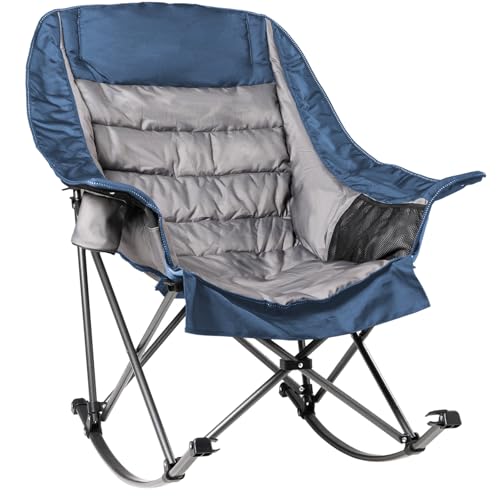 Oversized Rocking Camping Chair for Adults - 400lbs Capacity Padded Camp Chair with Cup Holder, Portable Foldable Outdoor Rocker Chair for Camping, Backyard, Patio (Blue & Gray) - color: Blue & Gray, size: 1 PCS