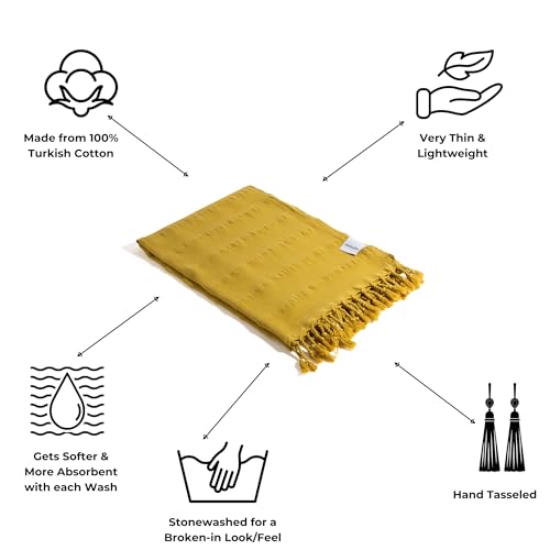 InfuseZen Stonewashed Turkish Bath & Beach Towel –100% Organic Turkish Cotton - Soft, Lightweight, Absorbent - Quick Dry, Sand Free - Swim, Pool, Shower, Travel - Peshtemal, Hammam Spa Towel - Golden - color: Golden
