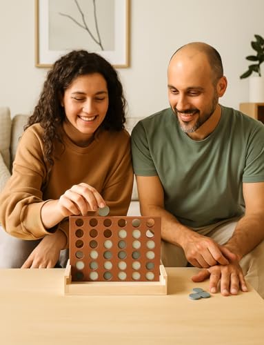 Neutral Wooden Four in a Row Game, Aesthetic Two Player Montessori Travel Board Game for Kids and Adults, Perfect Coffee Table Decor and Housewarming Gift -White Elephant Gift (Neutral Blue) - color: Neutral Blue